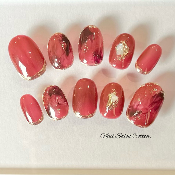 ワインレッド 大理石調ネイル ネイルチップ（つけ爪