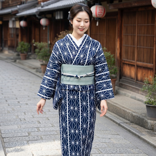手染め藍染 型染浴衣 黒に近い濃紺 麻の葉模様にアクセントの縦縞が着