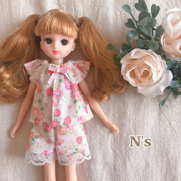 22cmドール用 いちごフラワーパジャマ リカちゃん ドール服 その他人形