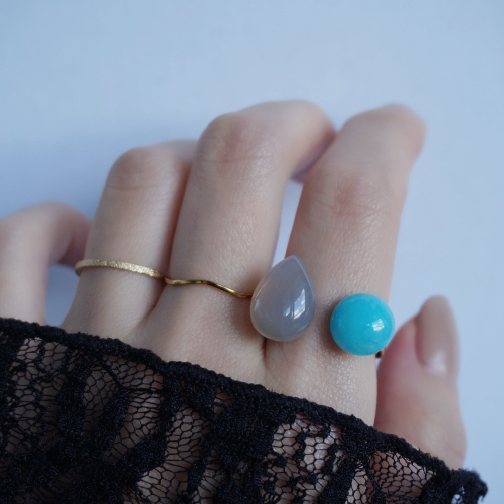 【水色×グレー】世界に一つだけの天然石／フォークリング／アマゾナイト×グレーオニキス／指輪／送料無料