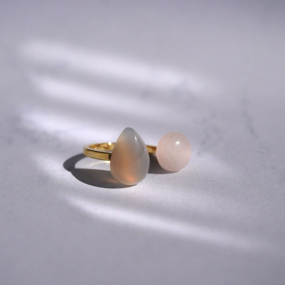 【桃色×グレー】世界に一つだけの天然石／フォークリング／ローズクォーツ×グレーオニキス／指輪／送料無料