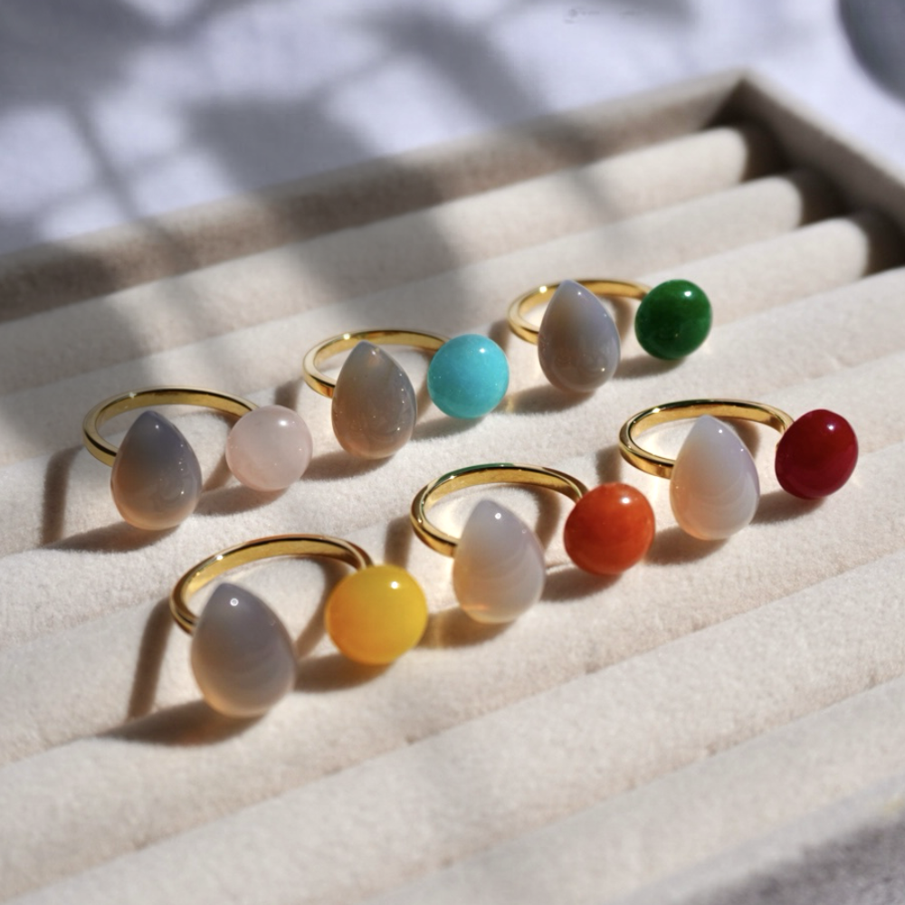 【桃色×グレー】世界に一つだけの天然石／フォークリング／ローズクォーツ×グレーオニキス／指輪／送料無料