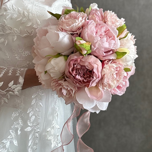 ピンクピオニのフラワー W68母の日花インテリア 花ブーケウェディングブーケ ピオニー くすみピンクウェディングブーケ＊ | MilkyFlower*