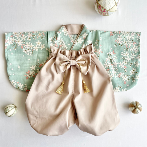 お宮参り・お食い初めに】洗えるベビー袴｜女の子／桜×ペールブルー 百