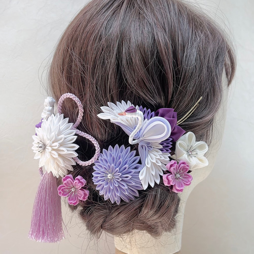 つまみ細工 和装髪飾りUピンセット 剣菊・梅・桜・鶴 【紫 藤色】成人