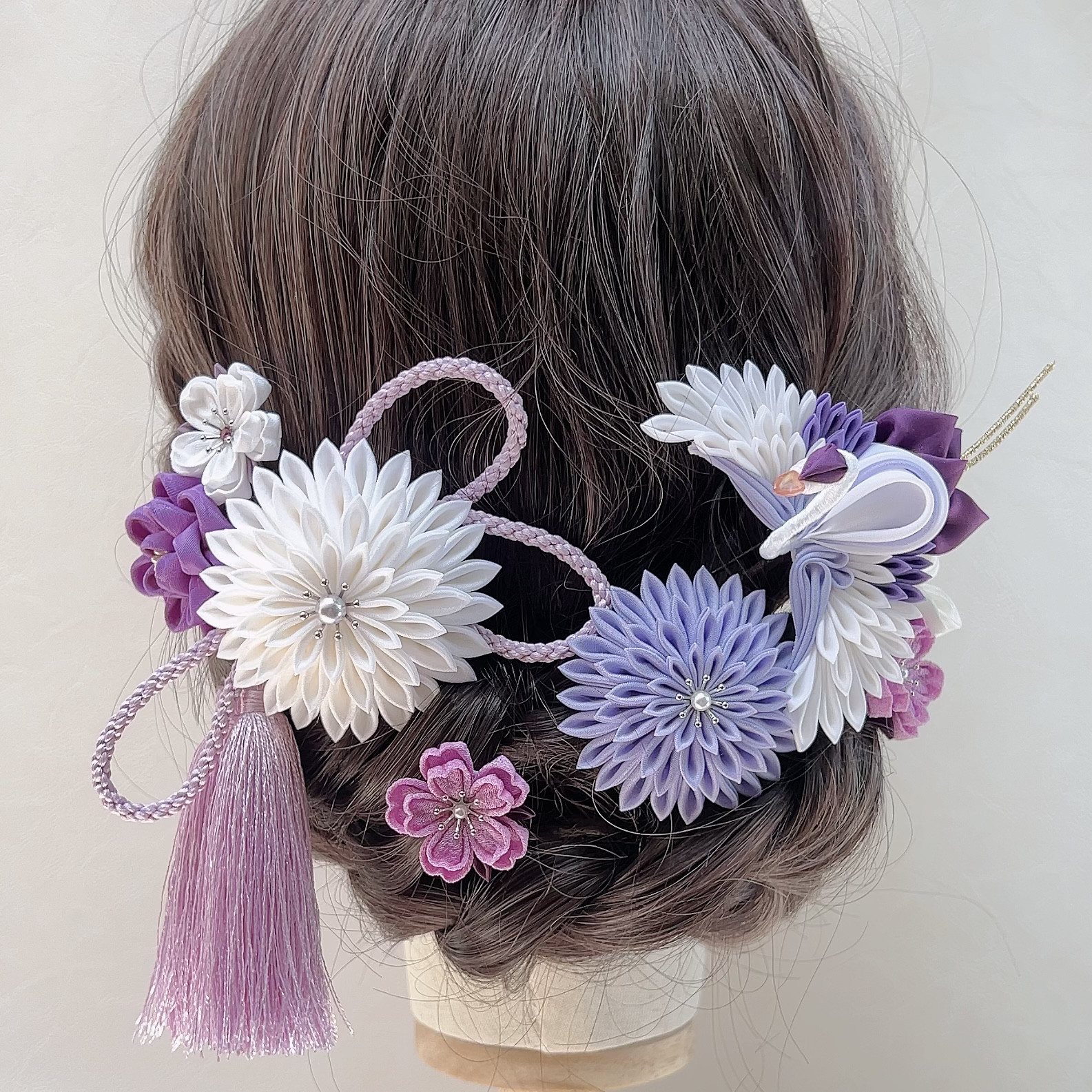 つまみ細工 和装髪飾りUピンセット 剣菊･梅･桜･鶴  【紫 藤色】成人式 卒業式 七五三 結婚式 ウェディング