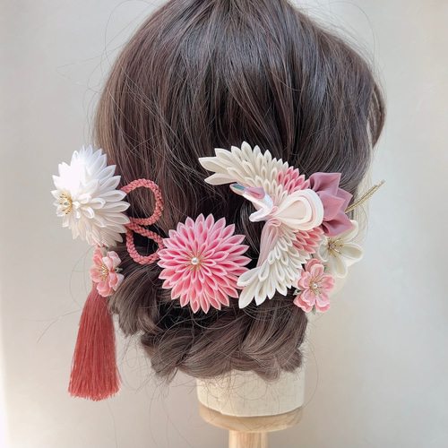 つまみ細工 和装髪飾りUピンセット 剣菊・梅・桜・鶴 【ピンク 桃色 白