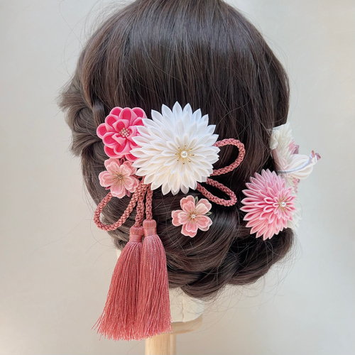 つまみ細工 和装髪飾りUピンセット 剣菊・梅・桜・鶴 【ピンク 桃色 白