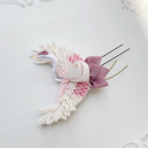 つまみ細工 和装髪飾りUピンセット 剣菊・梅・桜・鶴 【ピンク 桃色 白