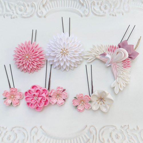 つまみ細工 和装髪飾りUピンセット 剣菊・梅・桜・鶴 【ピンク 桃色 白