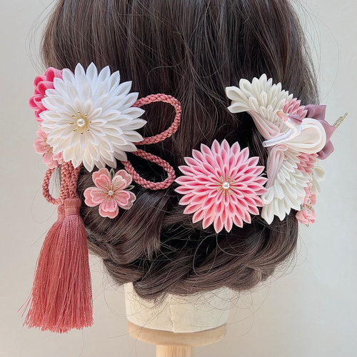 つまみ細工 和装髪飾りUピンセット 剣菊・梅・桜・鶴 【ピンク 桃色 白