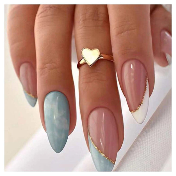 【専用ページ】ネイルチップ3点 N495》既成ネイルチップ24枚セット 水色 斜めフレンチ 白