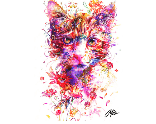【名入れ無料】 A5サイズ 花 猫 キャット イラスト 1 Mio イラスト フラワー 絵画