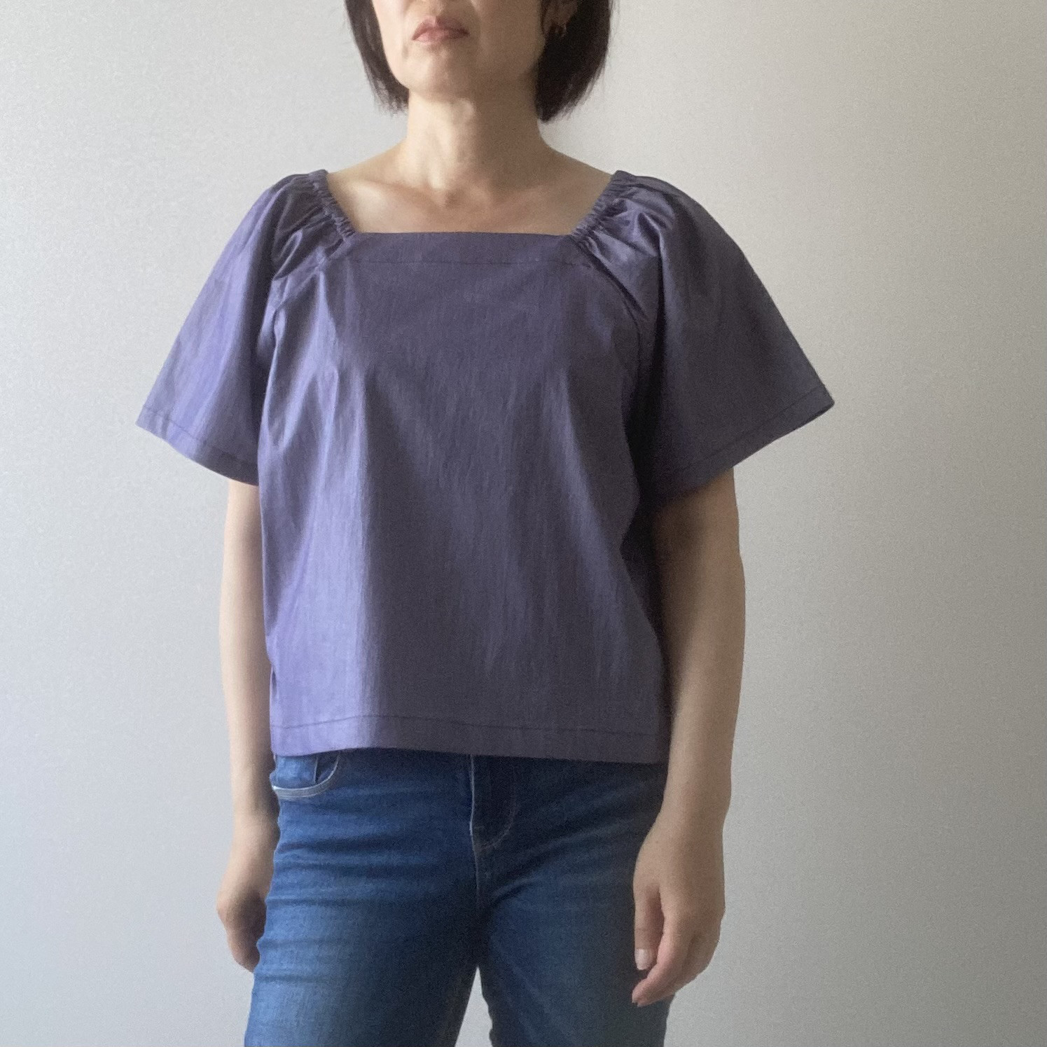 スクエアネックのブラウス　ダンガリー風ブルーグレー