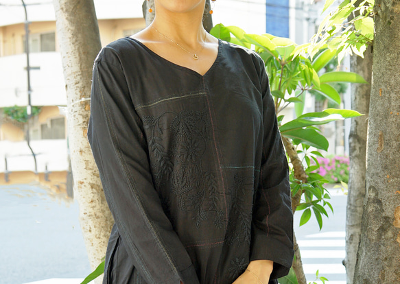 即納可】インドコットン・チカンカリ刺繍・2WAYワンピ（NK23-004-black  