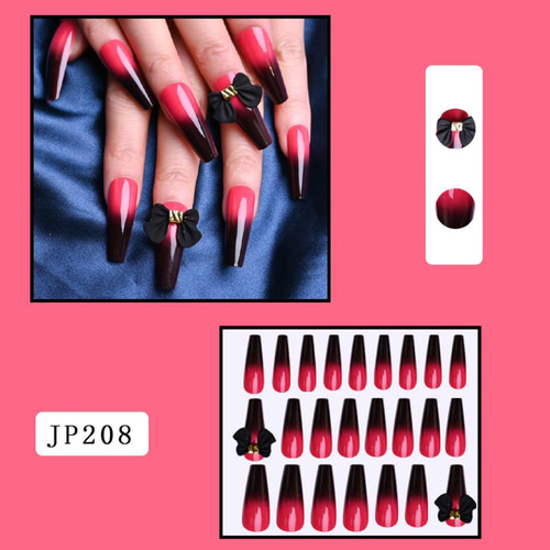 N634 既成ネイルチップ24枚 ピンク 黒 グラデーション リボン