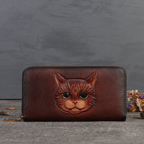 長財布　猫　レザー牛革　手彫り　ハンドメイド 猫風】精巧な手仕事の芸術品・植鞣天然牛革長財布・職人による