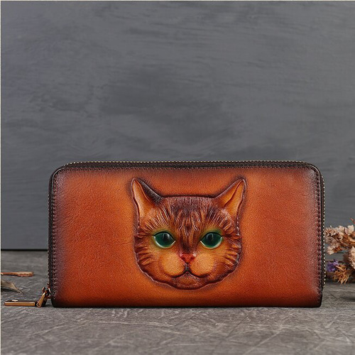 長財布　猫　レザー牛革　手彫り　ハンドメイド 猫風】精巧な手仕事の芸術品・植鞣天然牛革長財布・職人による