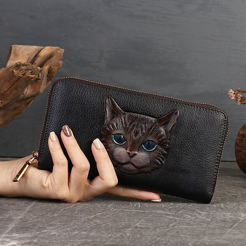 長財布 猫 レザー牛革 手彫り ハンドメイド