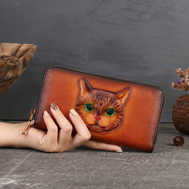 長財布　猫　レザー牛革　手彫り　ハンドメイド