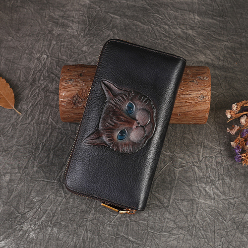 長財布　猫　レザー牛革　手彫り　ハンドメイド 猫風】精巧な手仕事の芸術品・植鞣天然牛革長財布・職人による