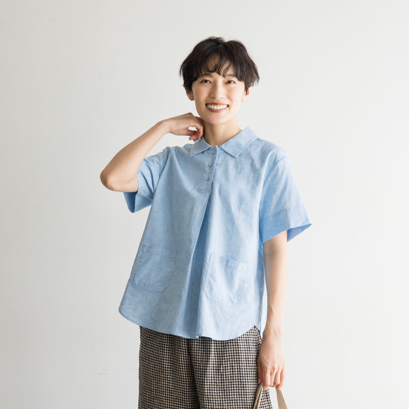 甘すぎない、大人め印象のブラウス　コットンリネンシャツ　半袖　240612-1 2枚目の画像