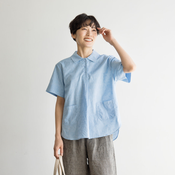 甘すぎない、大人め印象のブラウス　コットンリネンシャツ　半袖　240612-1 1枚目の画像