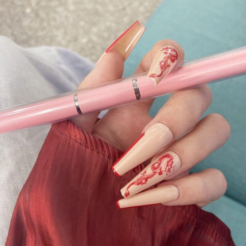 N639 既成ネイルチップ24枚 赤 ロング ベージュ 龍 ドラゴン 成人式