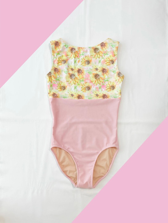 裏地付き】ノースリーブバレエレオタード〈ひまわり×ピンク ver  
