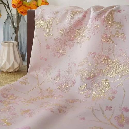 生地 布 刺繍 金襴 ピンク 花ざか 花柄 ジャカード織りの生地