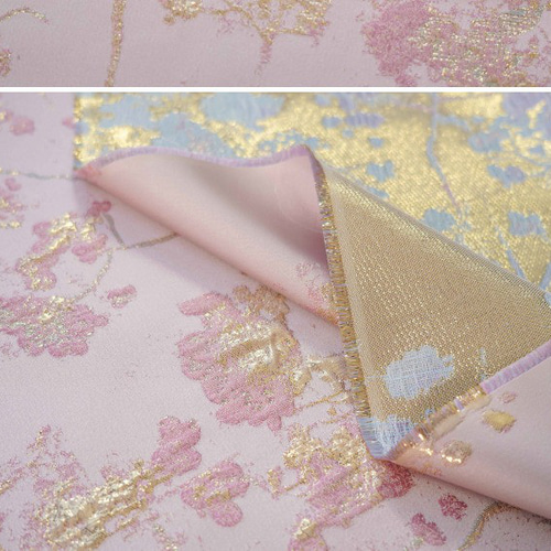 生地 布 刺繍 金襴 ピンク 花ざか 花柄 ジャカード織りの生地