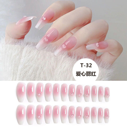 N649 既成ネイルチップ24枚 ピンク チークネイル ハート 韓国 ちゅるん  