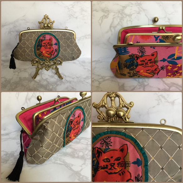 猫 イギリス リバティ 財布 ピンク グレー がま口財布 長財布 アーガイル 最大