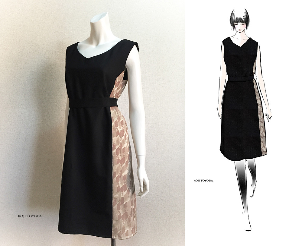 【1点もの・デザイン画付き】イタリア製ツイル＆ジャガード生地切り替えワンピース（KOJI TOYODA）