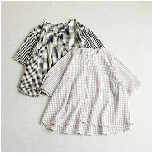 半袖 ブラウス コットンリネン チェック柄 Vネック 紺色/ベージュ