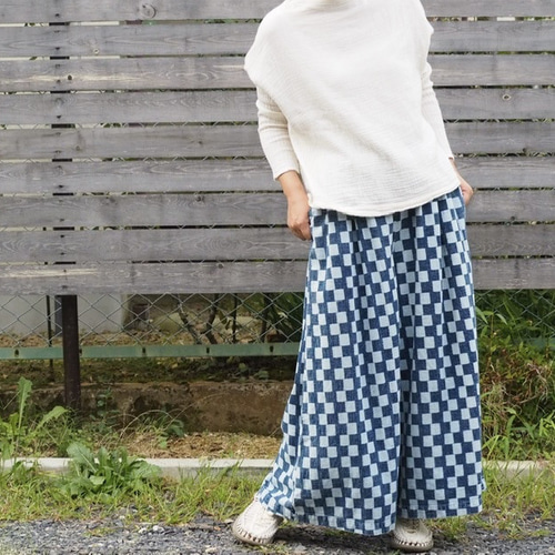 藍染 ワイドパンツ ブロックチェック ボリューム ウエストゴム 