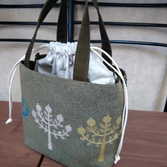 「専用」ミナペルホネンあおり巾着バッグ　ハンドメイド ⚮̈ミナペルホネン タンバリン ライトブルー ネリオバッグ 巾着 あおり