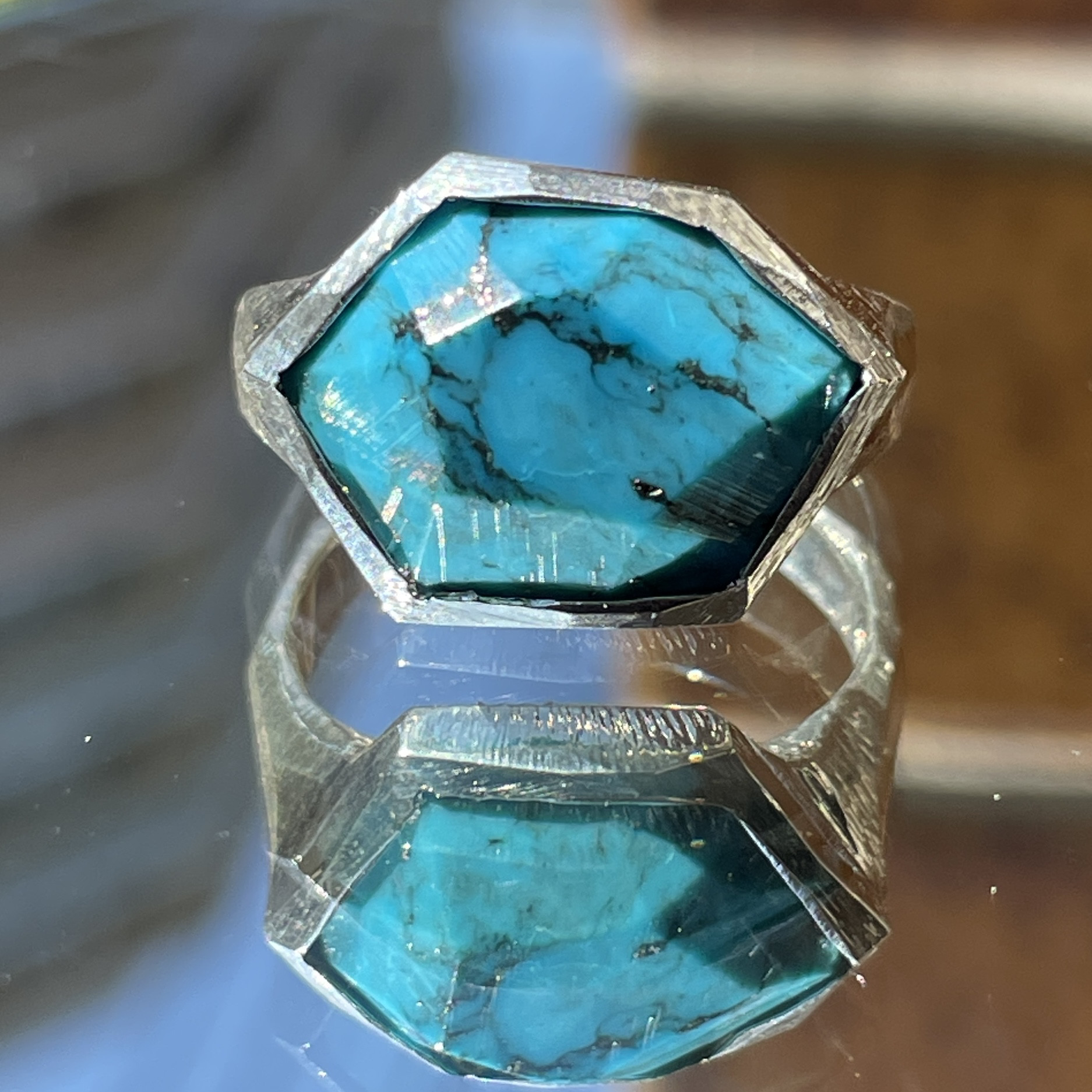 ターコイズ　変形6角立体　変形印台　シルバーSV925リング