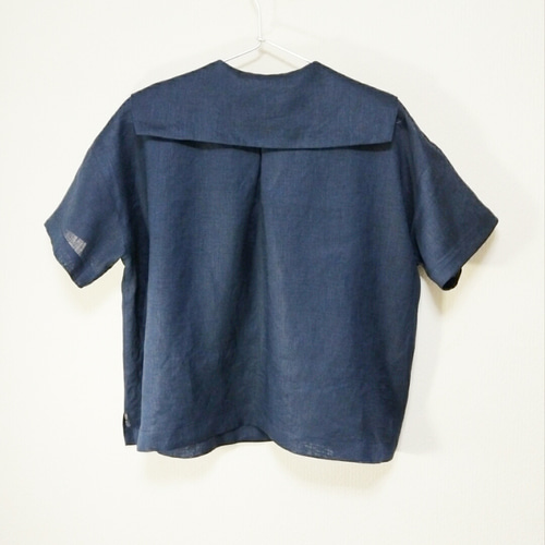 Pine Flower ハンドメイド　リネン　セーラーカラーのブラウス　スミクロ リネン100%】半袖の大人セーラーカラーブラウス ブラウス