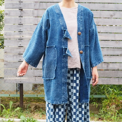 池之端銀革店】Cramp×SUKUMO Leather 藍染めパッチワーク巾着