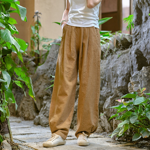 麻パンツレディース・夏・サンドウォッシュ・カジュアルスタイル