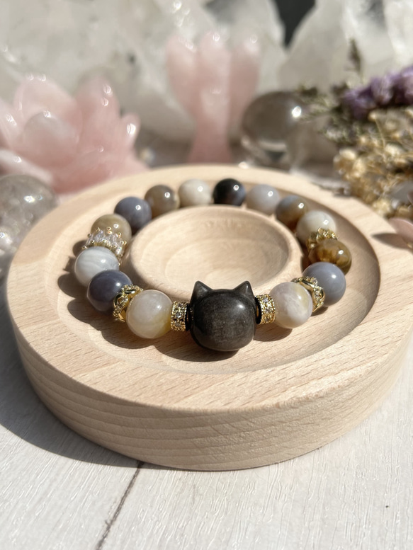 やの様】1661.天然石 オブシディアン 和柄 じゃれ猫 レジン