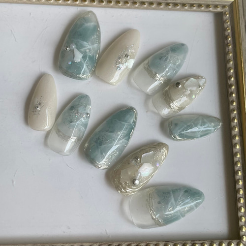 サイズオーダー♡ニュアンスミラー天然石ネイルチップ ブルー