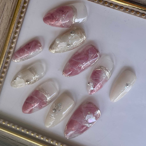 サイズオーダー♡ ニュアンスミラー天然石ネイルチップ ピンクsize  