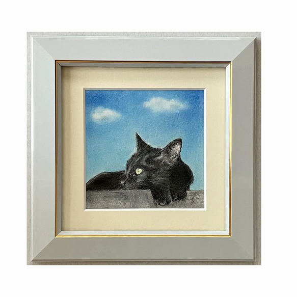 ぽっかり雲と （パステル画 原画）額装込み 絵画 にゃんずら
