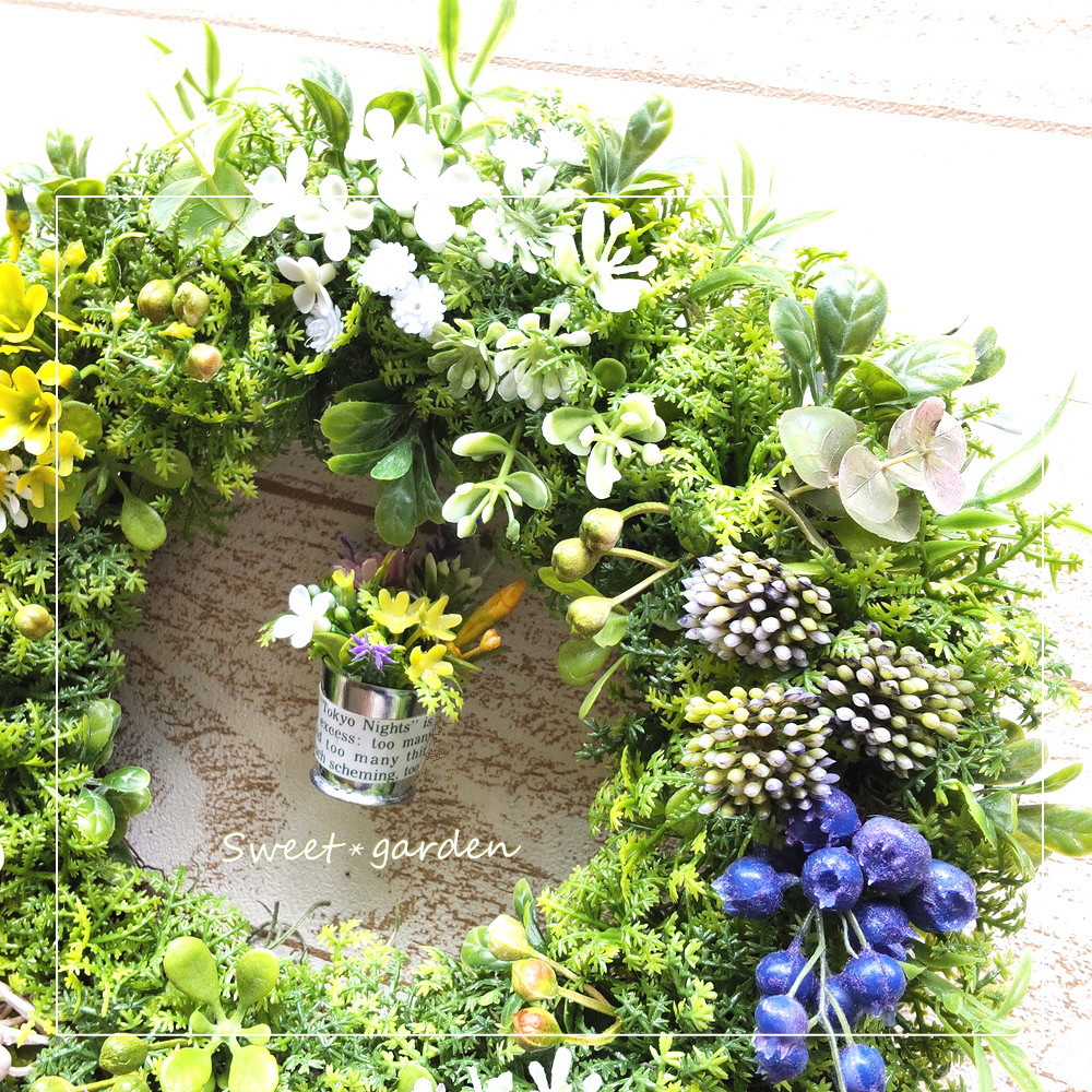 フラワーポットが可愛い野の花のリース《大きいサイズ》（fw199-L）＊玄関ドアなど外にも飾れるアーティフィシャルリース