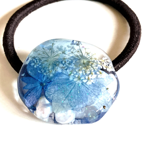 てまりてまり紫陽花 ブルー×レースフラワー レジンヘアゴム