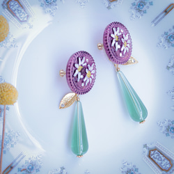 「 花雫 」イヤリング/ピアス【Grape】チェコガラスボタン,透明,クリア,ぶどう,ゴールド,花,エーデルワイス,葉 9枚目の画像
