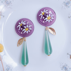 「 花雫 」イヤリング/ピアス【Grape】チェコガラスボタン,透明,クリア,ぶどう,ゴールド,花,エーデルワイス,葉 8枚目の画像
