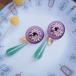「 花雫 」イヤリング/ピアス【Grape】チェコガラスボタン,透明,クリア,ぶどう,ゴールド,花,エーデルワイス,葉 7枚目の画像